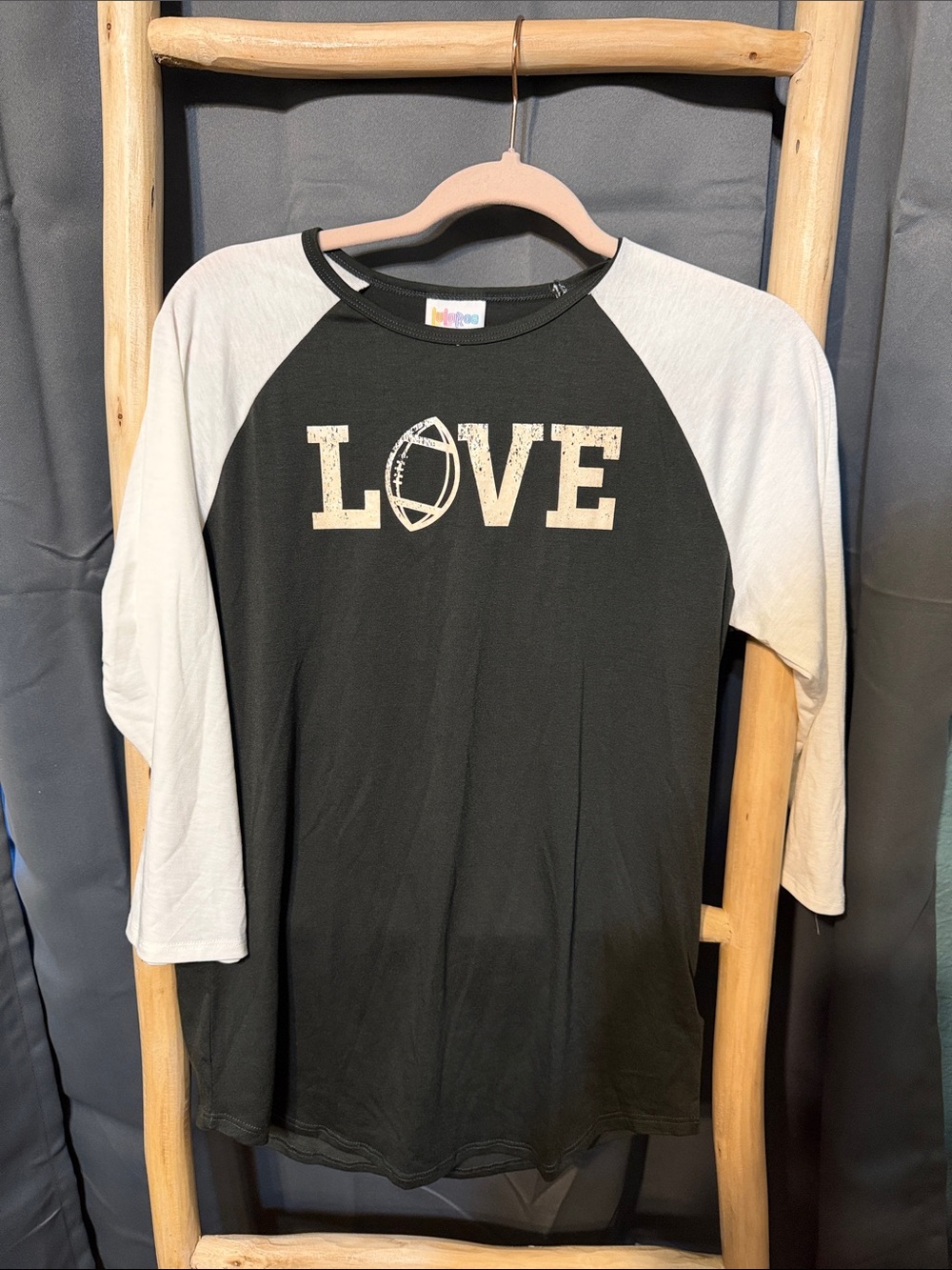 LuLaRoe Black & White Raglan 'LOVE' Football Tee